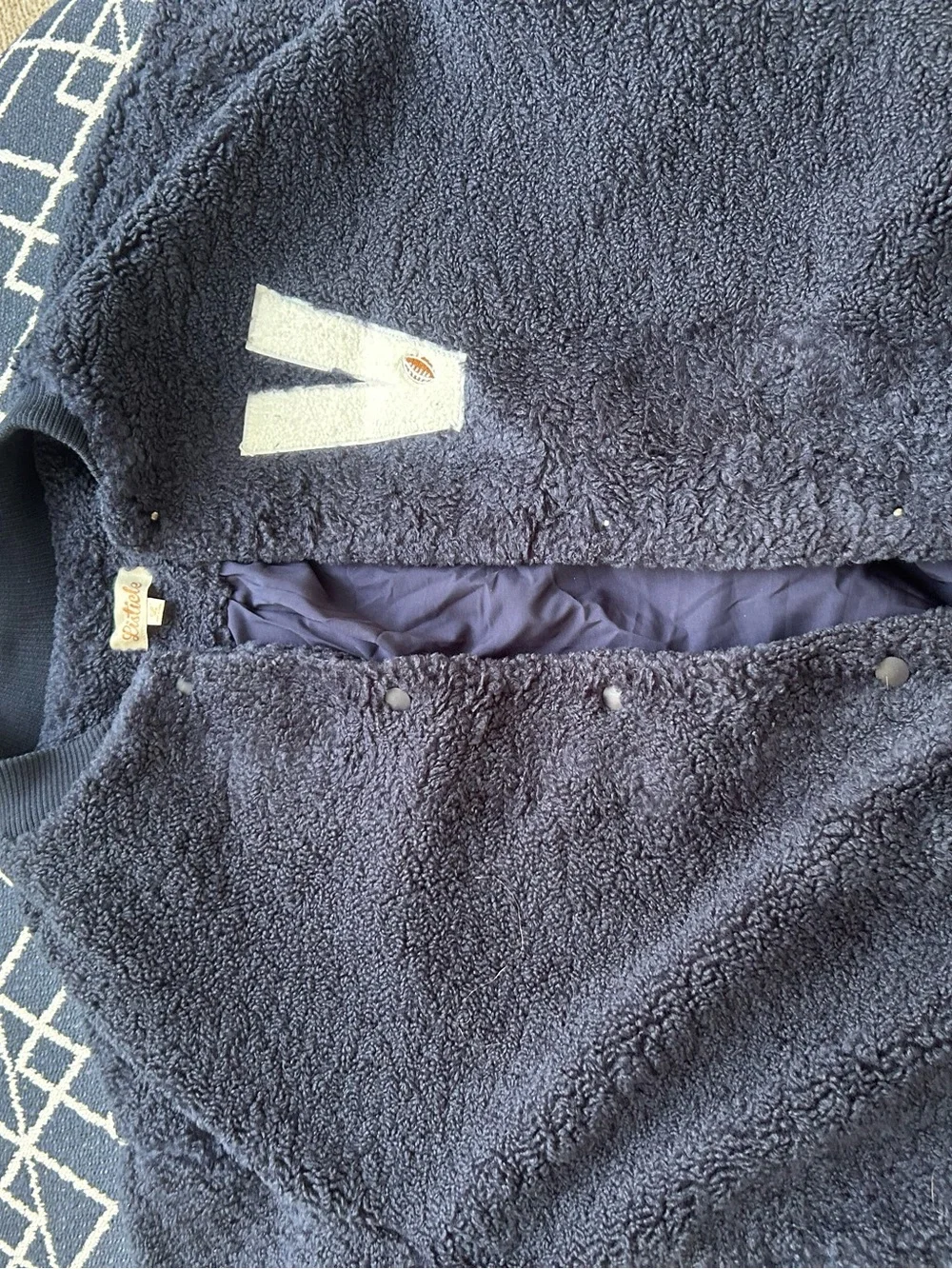 Vici Navy Sherpa Bomber Jacket with Cream 'V' Patch size large